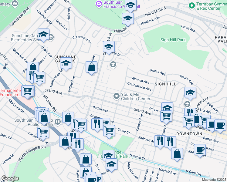 map of restaurants, bars, coffee shops, grocery stores, and more near 818 Miller Avenue in South San Francisco