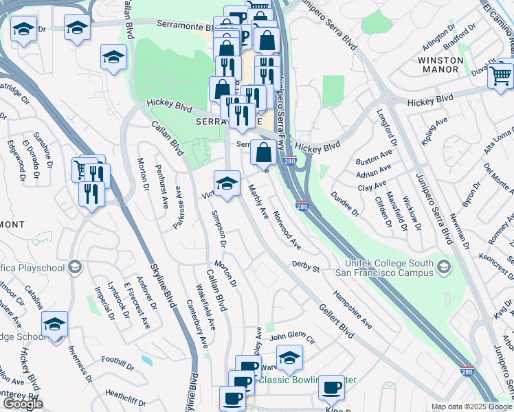 map of restaurants, bars, coffee shops, grocery stores, and more near 130 Marbly Avenue in Daly City