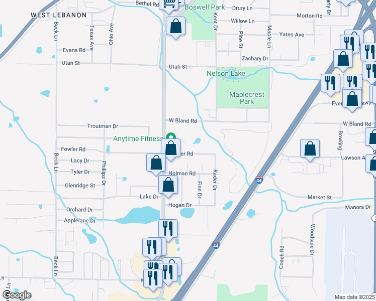 map of restaurants, bars, coffee shops, grocery stores, and more near 801 Fowler Road in Lebanon