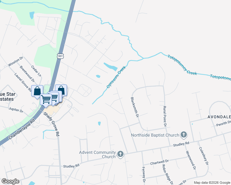 map of restaurants, bars, coffee shops, grocery stores, and more near 9303 Swannanoa Trail in Mechanicsville