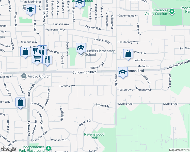 map of restaurants, bars, coffee shops, grocery stores, and more near 1710 Lomitas Avenue in Livermore