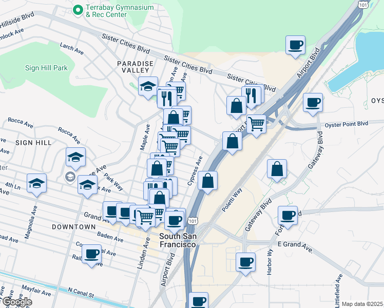 map of restaurants, bars, coffee shops, grocery stores, and more near 207 Armour Avenue in South San Francisco