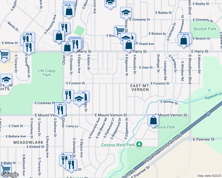 map of restaurants, bars, coffee shops, grocery stores, and more near 1815 South Parkwood Lane in Wichita