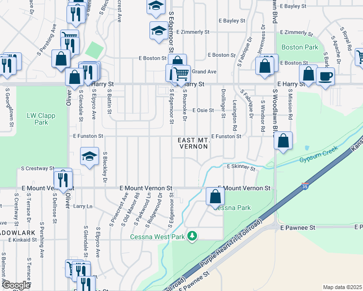 map of restaurants, bars, coffee shops, grocery stores, and more near 1819 Roanoke Street in Wichita