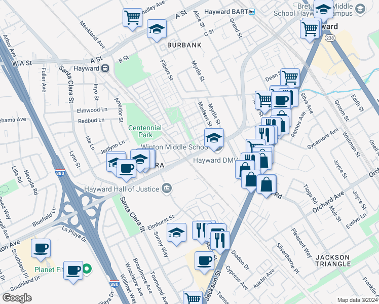 map of restaurants, bars, coffee shops, grocery stores, and more near 1163 Martin Luther King Drive in Hayward
