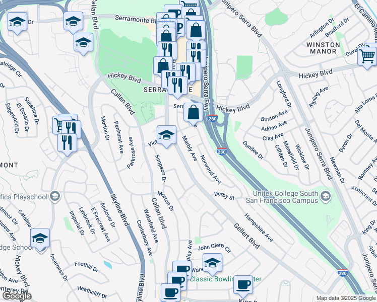 map of restaurants, bars, coffee shops, grocery stores, and more near 130 Marbly Avenue in Daly City