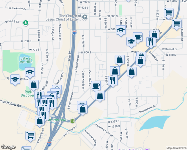 map of restaurants, bars, coffee shops, grocery stores, and more near in Cedar City
