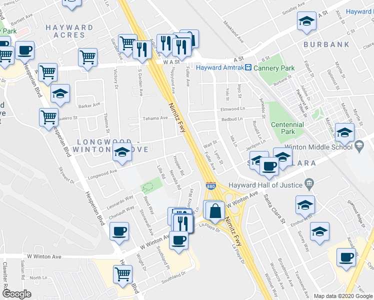 map of restaurants, bars, coffee shops, grocery stores, and more near 519 Longwood Court in Hayward
