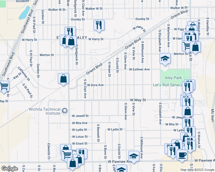 map of restaurants, bars, coffee shops, grocery stores, and more near 2011 Dora Street in Wichita