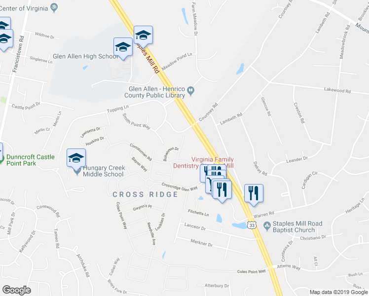 map of restaurants, bars, coffee shops, grocery stores, and more near 10309 White Marsh Road in Glen Allen