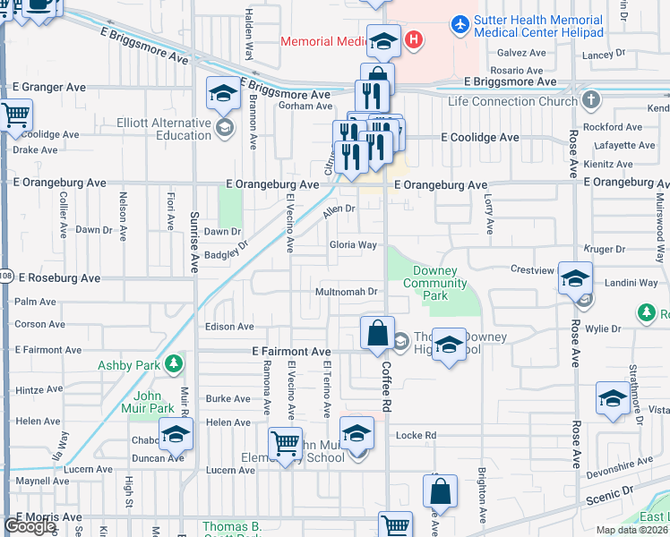 map of restaurants, bars, coffee shops, grocery stores, and more near 1220 Kurt Ave in Modesto