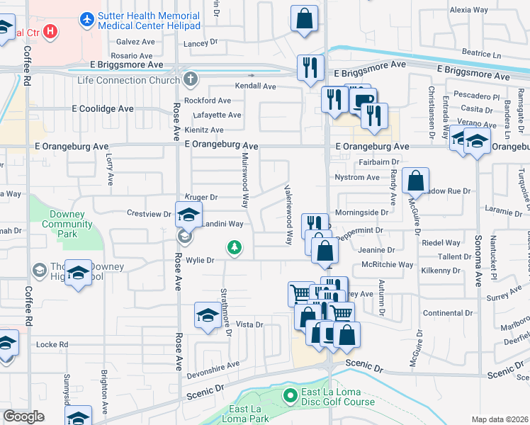 map of restaurants, bars, coffee shops, grocery stores, and more near 1216 Shady Grove Lane in Modesto