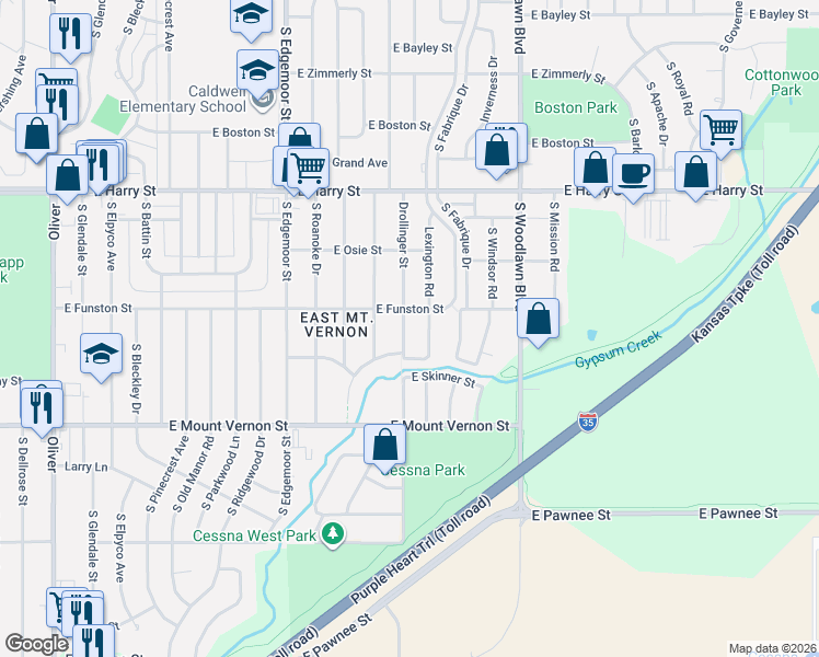 map of restaurants, bars, coffee shops, grocery stores, and more near 1813 South Lexington Road in Wichita