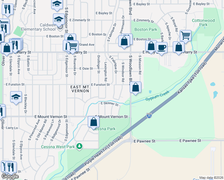 map of restaurants, bars, coffee shops, grocery stores, and more near 1821 South Fabrique Drive in Wichita