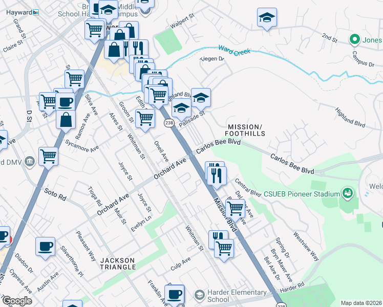 map of restaurants, bars, coffee shops, grocery stores, and more near Mission Boulevard & Carlos Bee Boulevard in Hayward