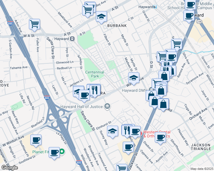 map of restaurants, bars, coffee shops, grocery stores, and more near 45 Amador Village Circle in Hayward