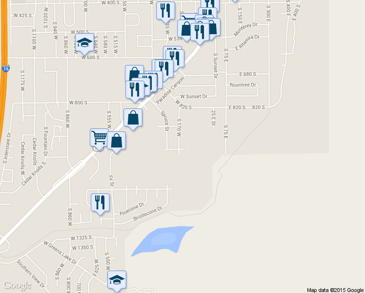 map of restaurants, bars, coffee shops, grocery stores, and more near 981 South 170 West in Cedar City