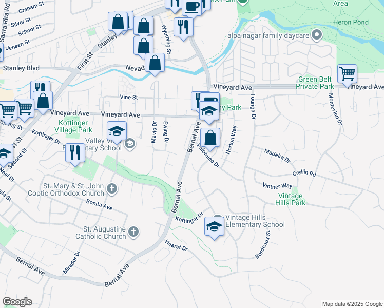 map of restaurants, bars, coffee shops, grocery stores, and more near 601 Palomino Drive in Pleasanton