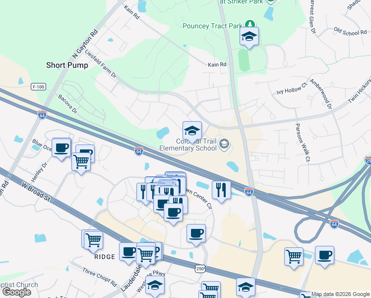map of restaurants, bars, coffee shops, grocery stores, and more near 4521 Mary Jane Terrace in Glen Allen