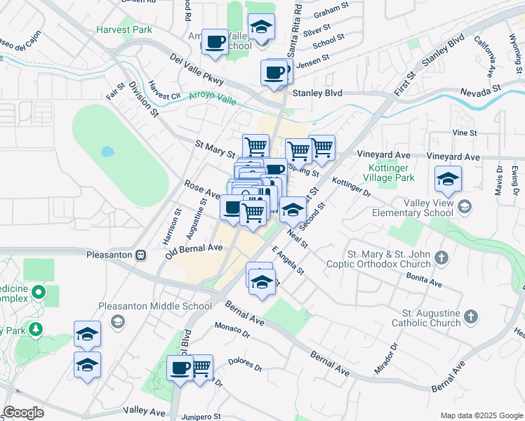 map of restaurants, bars, coffee shops, grocery stores, and more near 99 Neal Street in Pleasanton