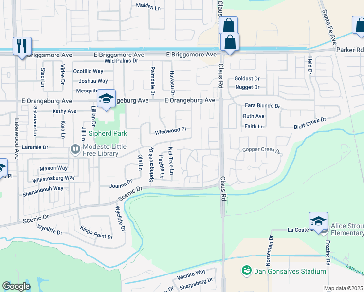 map of restaurants, bars, coffee shops, grocery stores, and more near 3728 Springcreek Drive in Modesto