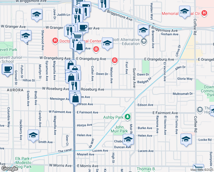 map of restaurants, bars, coffee shops, grocery stores, and more near 1209 Nelson Avenue in Modesto