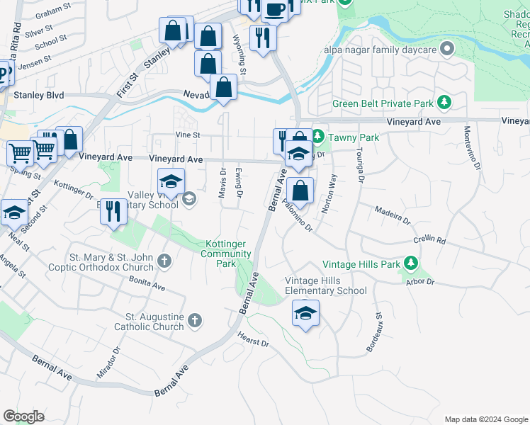 map of restaurants, bars, coffee shops, grocery stores, and more near 680 Mavis Court in Pleasanton