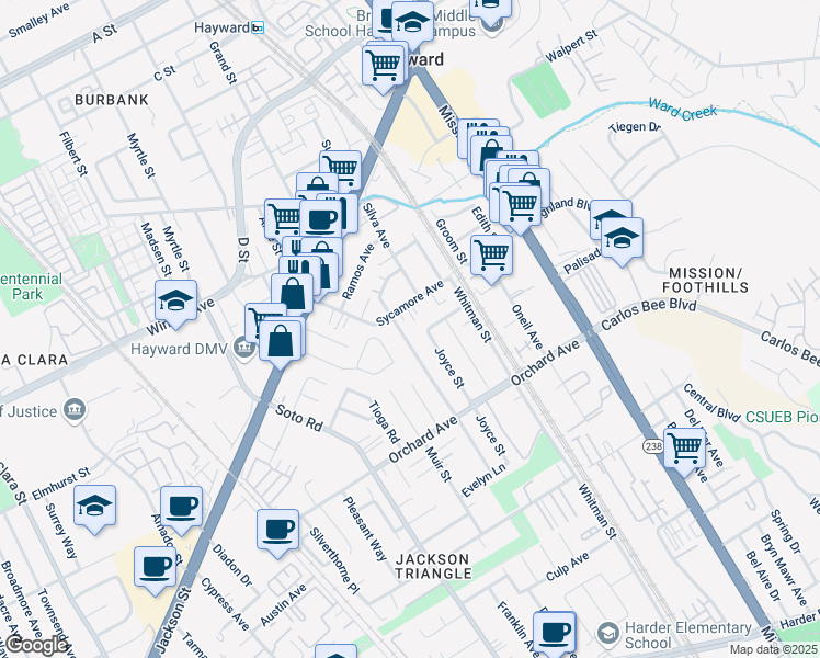 map of restaurants, bars, coffee shops, grocery stores, and more near 548 Mardie Street in Hayward