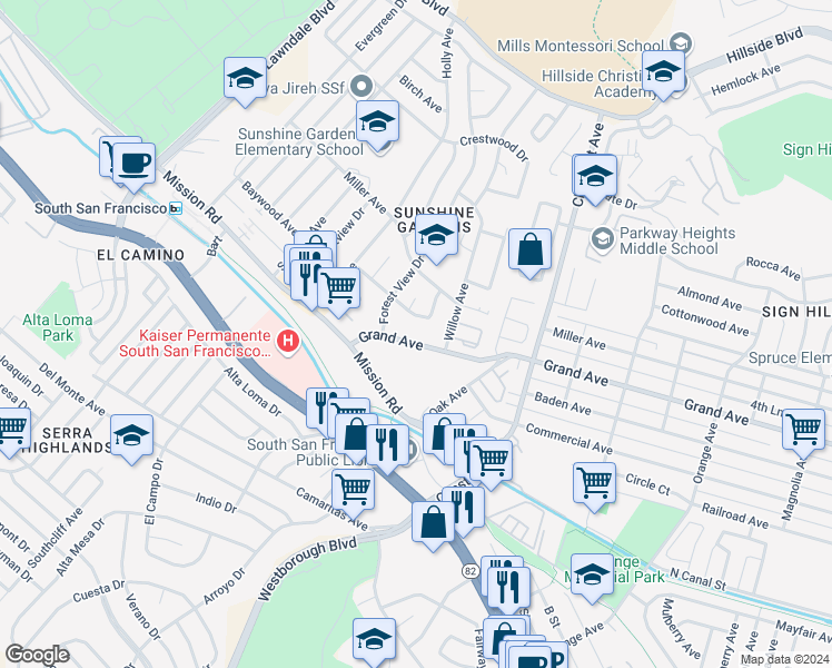 map of restaurants, bars, coffee shops, grocery stores, and more near 1030 Grand Avenue in South San Francisco