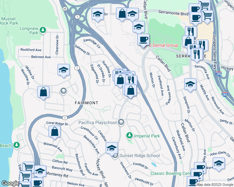 map of restaurants, bars, coffee shops, grocery stores, and more near 304 Gateway Drive in Pacifica