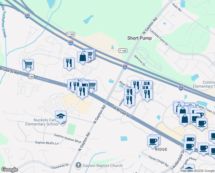 map of restaurants, bars, coffee shops, grocery stores, and more near 13150 Old Three Chopt Road in Richmond