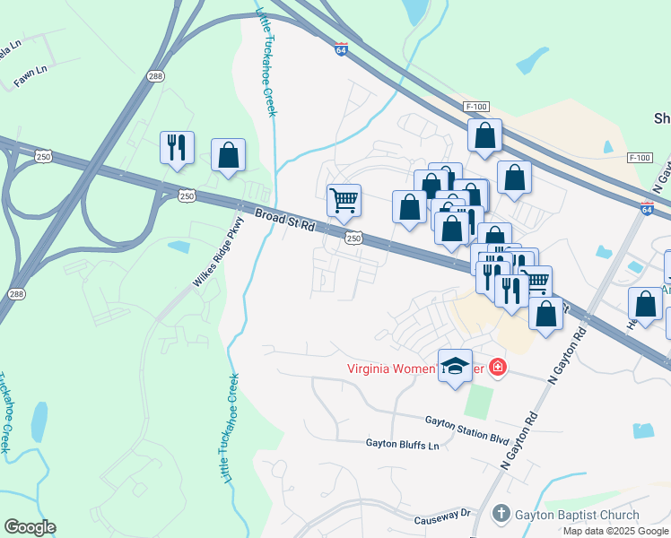 map of restaurants, bars, coffee shops, grocery stores, and more near 12401 West Broad Street in Richmond