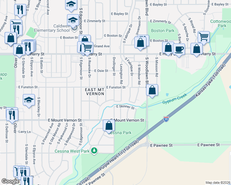 map of restaurants, bars, coffee shops, grocery stores, and more near 1813 South Lexington Road in Wichita
