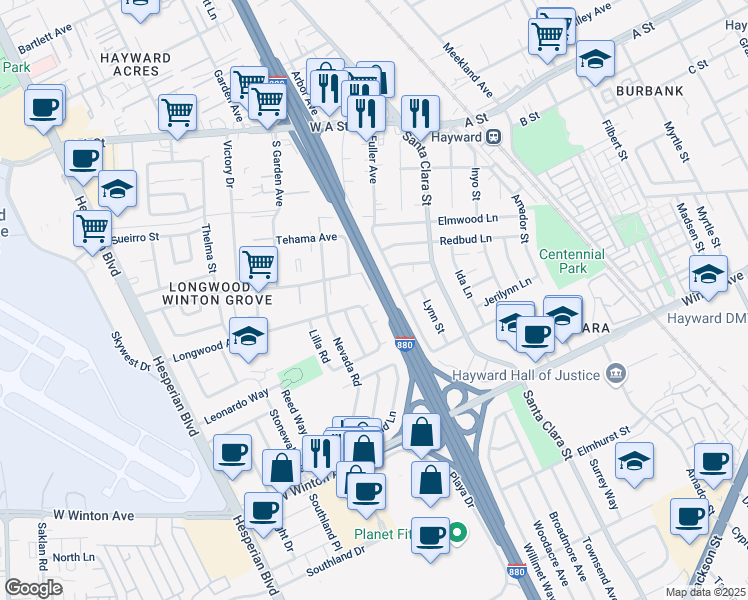 map of restaurants, bars, coffee shops, grocery stores, and more near 519 Longwood Avenue in Hayward