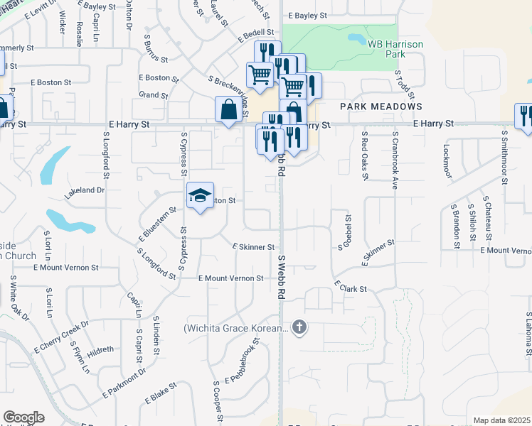 map of restaurants, bars, coffee shops, grocery stores, and more near 1825 South Stacey Street in Wichita