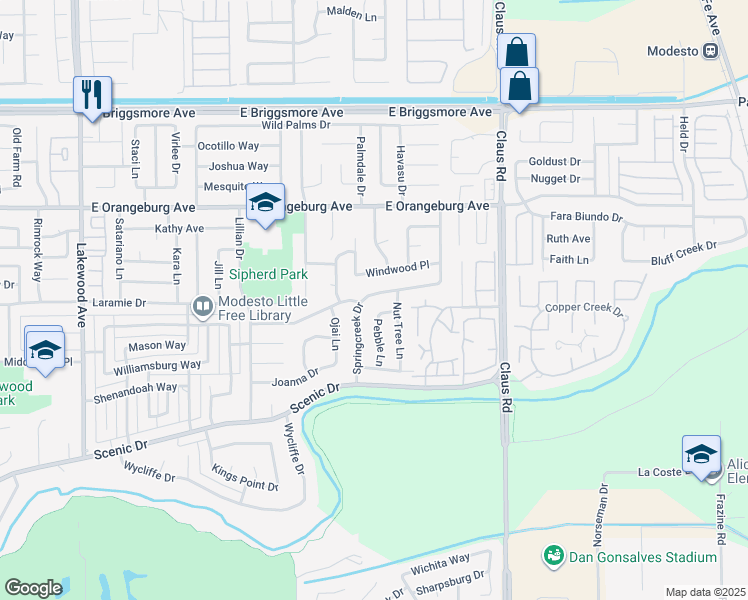 map of restaurants, bars, coffee shops, grocery stores, and more near 3704 Springcreek Drive in Modesto