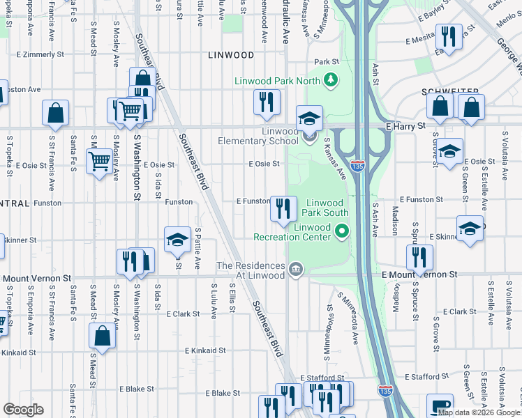 map of restaurants, bars, coffee shops, grocery stores, and more near 1813 Greenwood in Wichita