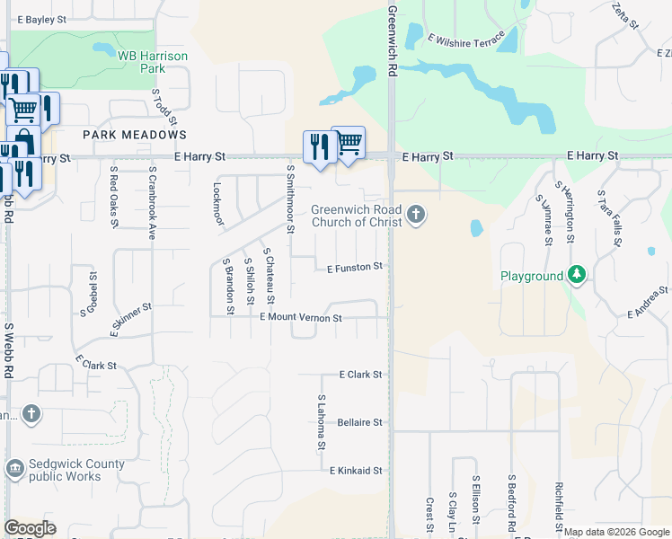 map of restaurants, bars, coffee shops, grocery stores, and more near E Funston St in Wichita