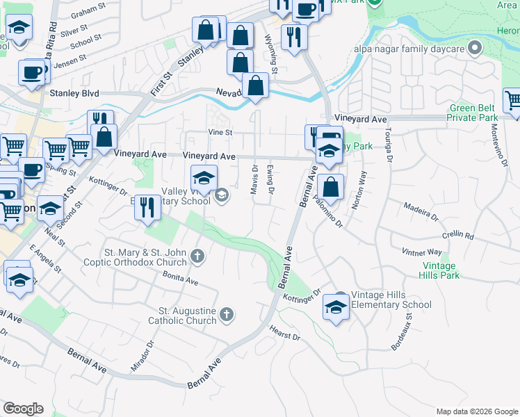 map of restaurants, bars, coffee shops, grocery stores, and more near 495 Mavis Drive in Pleasanton