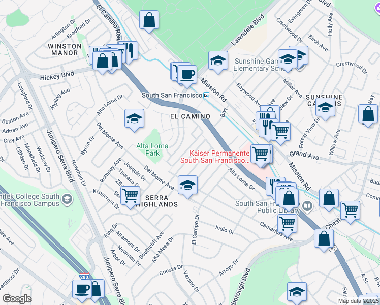 map of restaurants, bars, coffee shops, grocery stores, and more near 24 San Felipe Avenue in South San Francisco