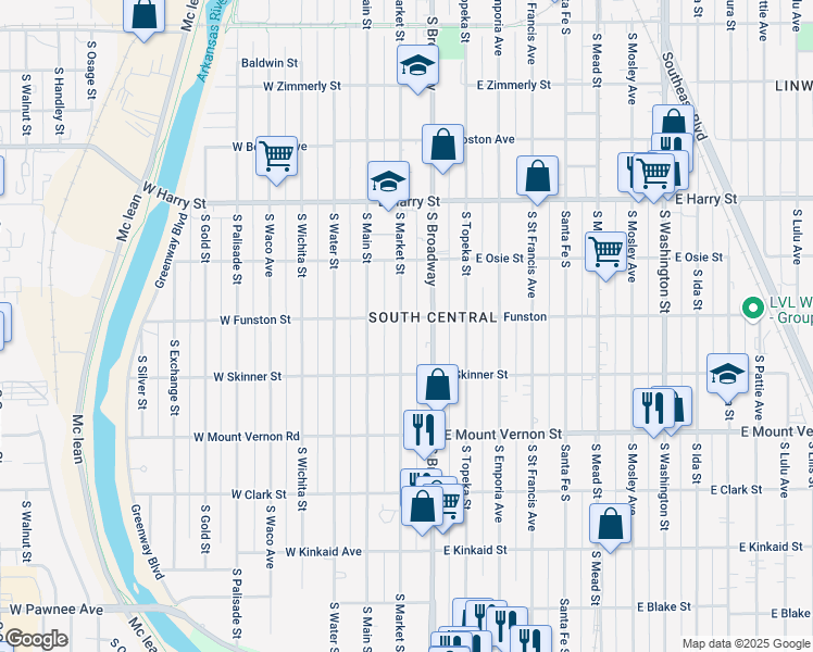 map of restaurants, bars, coffee shops, grocery stores, and more near 1804 South Market Street in Wichita
