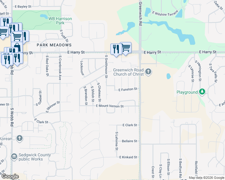 map of restaurants, bars, coffee shops, grocery stores, and more near 10821 East Funston Court in Wichita