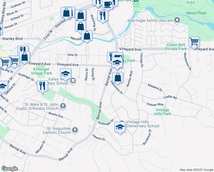 map of restaurants, bars, coffee shops, grocery stores, and more near 601 Palomino Drive in Pleasanton