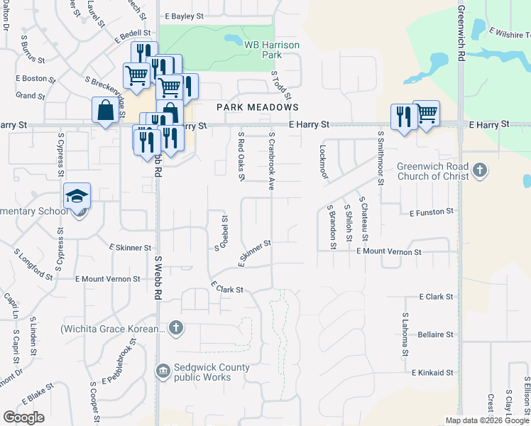 map of restaurants, bars, coffee shops, grocery stores, and more near 1819 South Cranbrook Avenue in Wichita