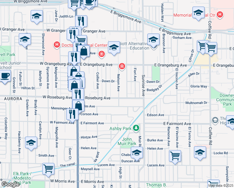 map of restaurants, bars, coffee shops, grocery stores, and more near 1209 Nelson Avenue in Modesto