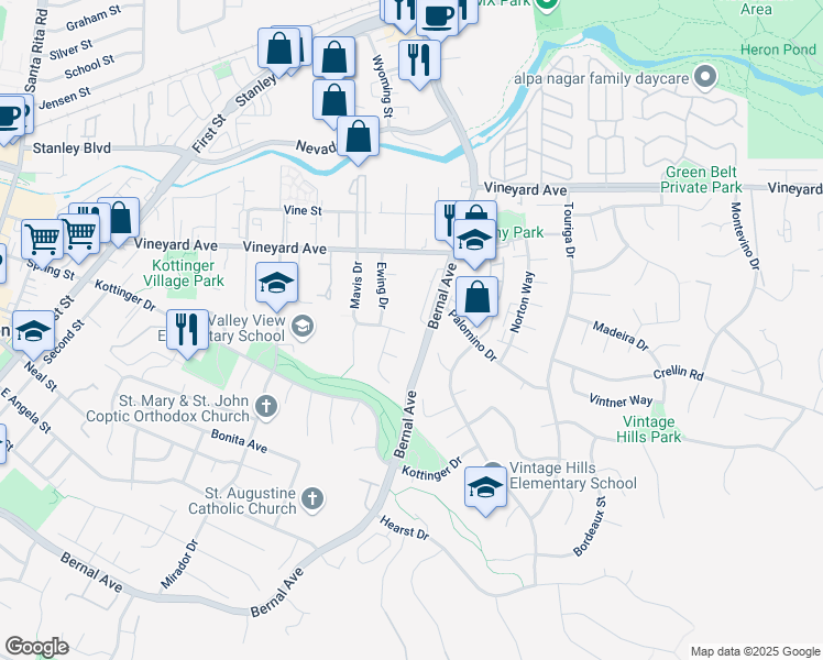 map of restaurants, bars, coffee shops, grocery stores, and more near 680 Mavis Court in Pleasanton