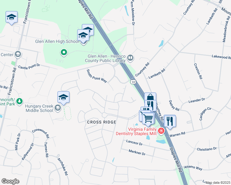 map of restaurants, bars, coffee shops, grocery stores, and more near 3512 Bohannon Drive in Glen Allen