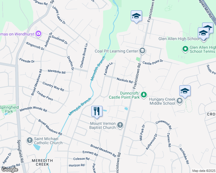map of restaurants, bars, coffee shops, grocery stores, and more near 5124 Reids Pointe Rd in Glen Allen