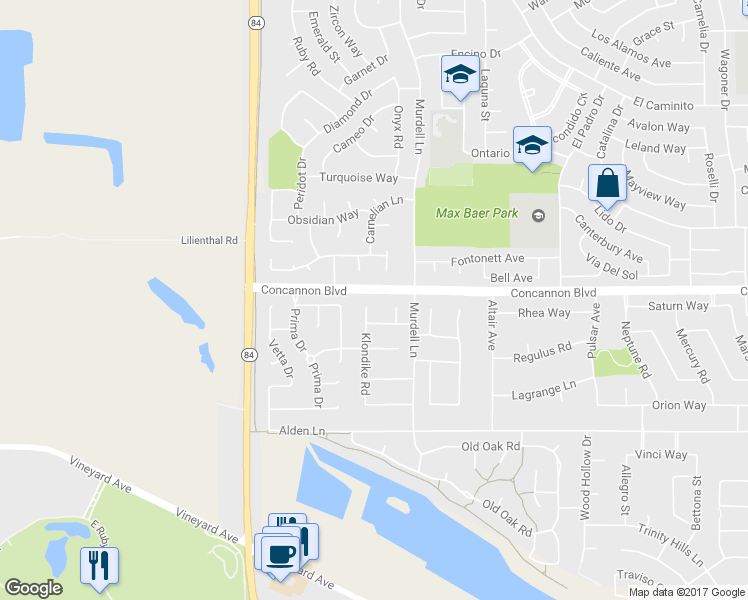 map of restaurants, bars, coffee shops, grocery stores, and more near 1526 Klondike Place in Livermore