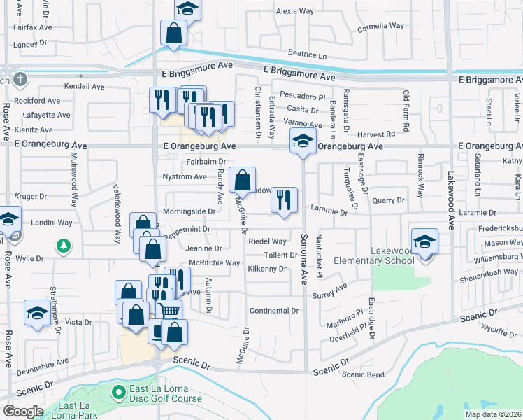 map of restaurants, bars, coffee shops, grocery stores, and more near 2417 Stone Crop Lane in Modesto